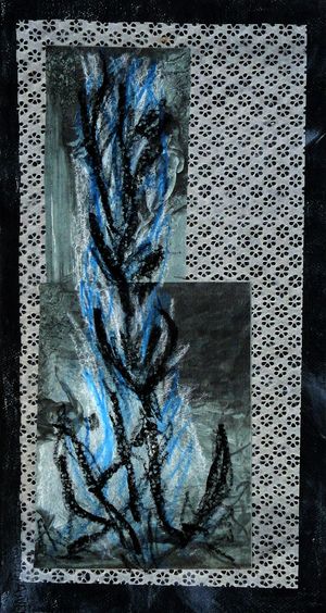 Abigail Stern: Yuan (Garden), 2013: Chalk, blackboard paint, watercolor crayon, oil stick, Japanese tissue, and found photograph on Fabriano paper. (22 x 12 inches)