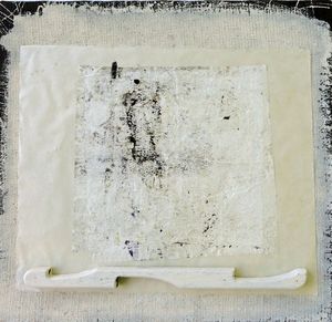Abigail Stern: Untitled 110, 2014: Chinese ink, house paint, Kitakata, handmade paper, wood, and hardware on hemp on MDF. (22 x 23 1/4 x 2 inches)